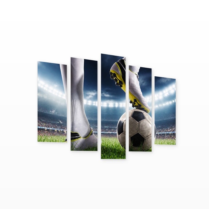 Football Player in Action with Dramatic Contrast — five-panel wall art on white background in perspective | 5wallart 55247 M1