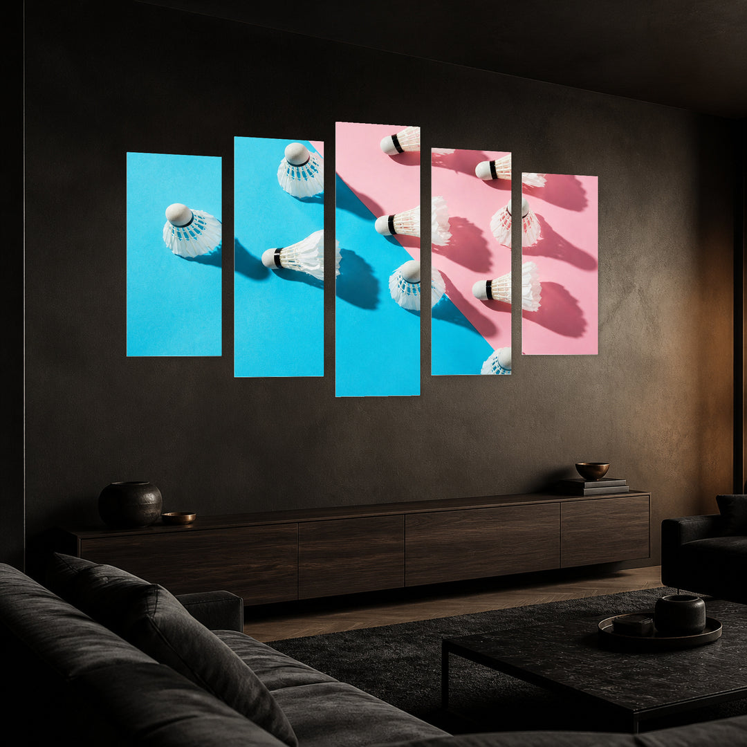 Colorful Badminton with Dramatic Contrast — five-panel wall art in perspective interior | 5wallart 55249 M2