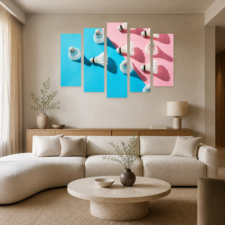 Colorful Badminton with Dramatic Contrast — five-panel wall art in frontal interior | 5wallart 55249 M3