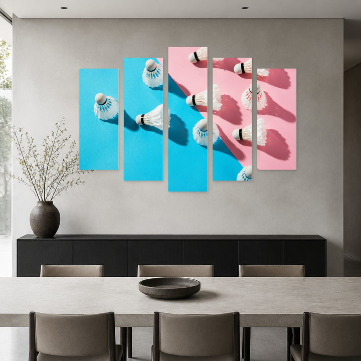 Colorful Badminton with Dramatic Contrast — five-panel wall art in alternate frontal interior | 5wallart 55249 M4