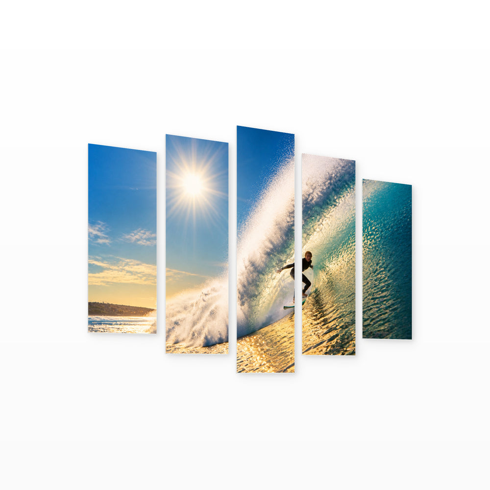 Surfer in Blue and Gold — five-panel wall art on white background in perspective | 5wallart 55250 M1