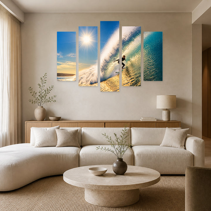 Surfer in Blue and Gold — five-panel wall art in alternate frontal interior | 5wallart 55250 M4
