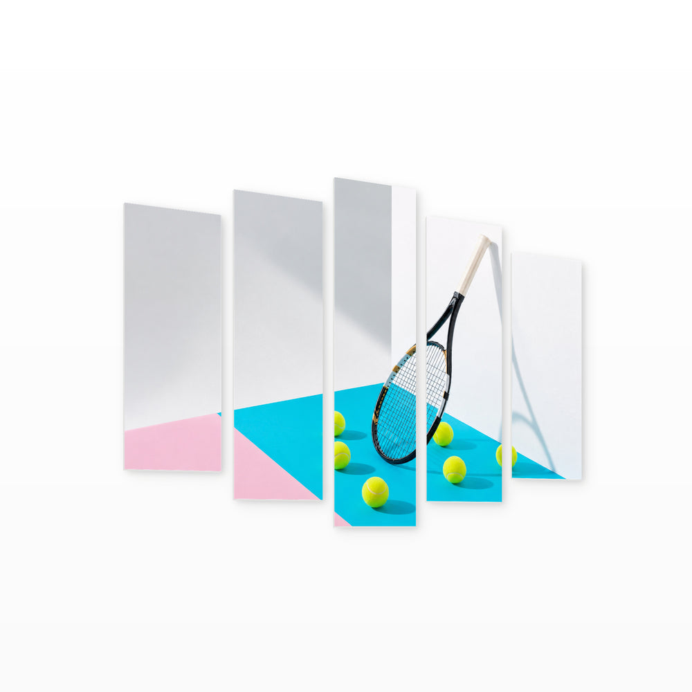 Tennis Racket on Colorful Background Motion Study — five-panel wall art on white background in perspective | 5wallart 55251 M1