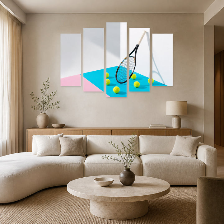 Tennis Racket on Colorful Background Motion Study — five-panel wall art in frontal interior | 5wallart 55251 M3