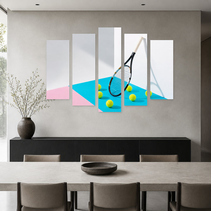 Tennis Racket on Colorful Background Motion Study — five-panel wall art in alternate frontal interior | 5wallart 55251 M4