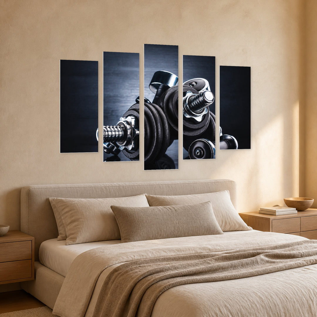 Dumbbell Workout with Geometric Rhythm — five-panel wall art in perspective interior | 5wallart 55253 M2