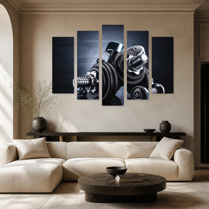 Dumbbell Workout with Geometric Rhythm — five-panel wall art in frontal interior | 5wallart 55253 M3