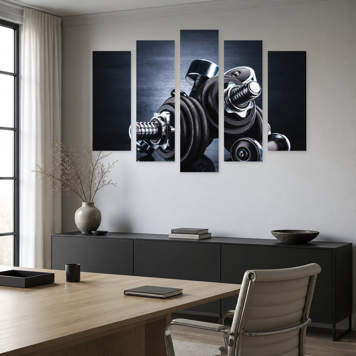 Dumbbell Workout with Geometric Rhythm — five-panel wall art in alternate frontal interior | 5wallart 55253 M4