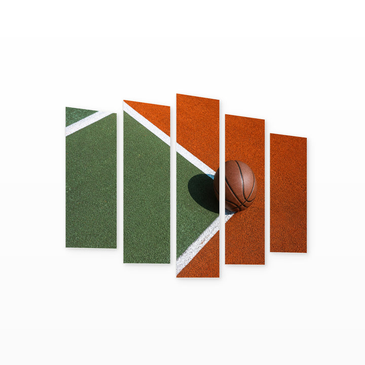 Basketball Court with Ball in Vivid Color — five-panel wall art on white background in perspective | 5wallart 55254 M1