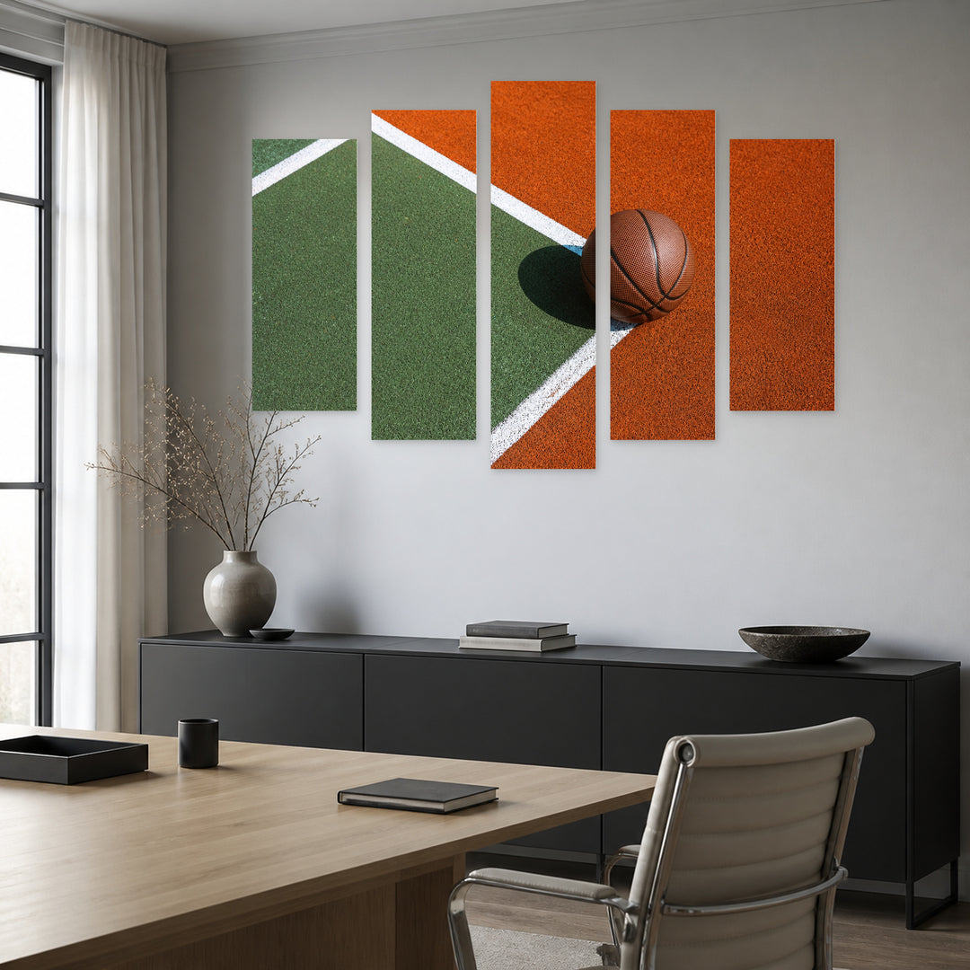 Basketball Court with Ball in Vivid Color — five-panel wall art in frontal interior | 5wallart 55254 M3