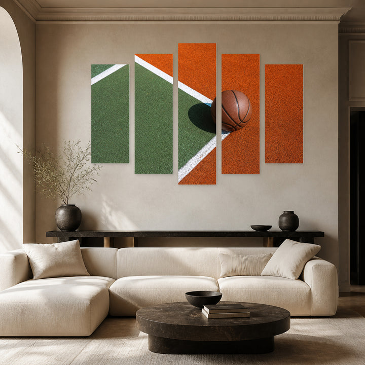 Basketball Court with Ball in Vivid Color — five-panel wall art in alternate frontal interior | 5wallart 55254 M4