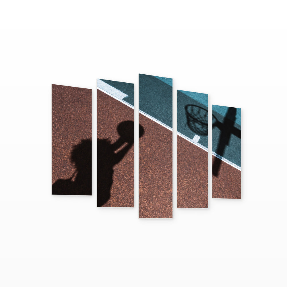 Shadow of Woman on Basketball Court Motion Study — five-panel wall art on white background in perspective | 5wallart 55255 M1