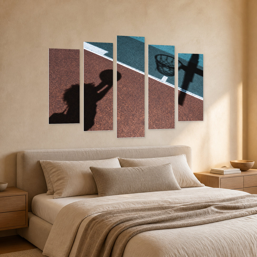 Shadow of Woman on Basketball Court Motion Study — five-panel wall art in perspective interior | 5wallart 55255 M2