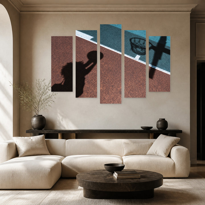 Shadow of Woman on Basketball Court Motion Study — five-panel wall art in frontal interior | 5wallart 55255 M3