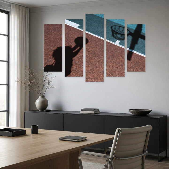 Shadow of Woman on Basketball Court Motion Study — five-panel wall art in alternate frontal interior | 5wallart 55255 M4