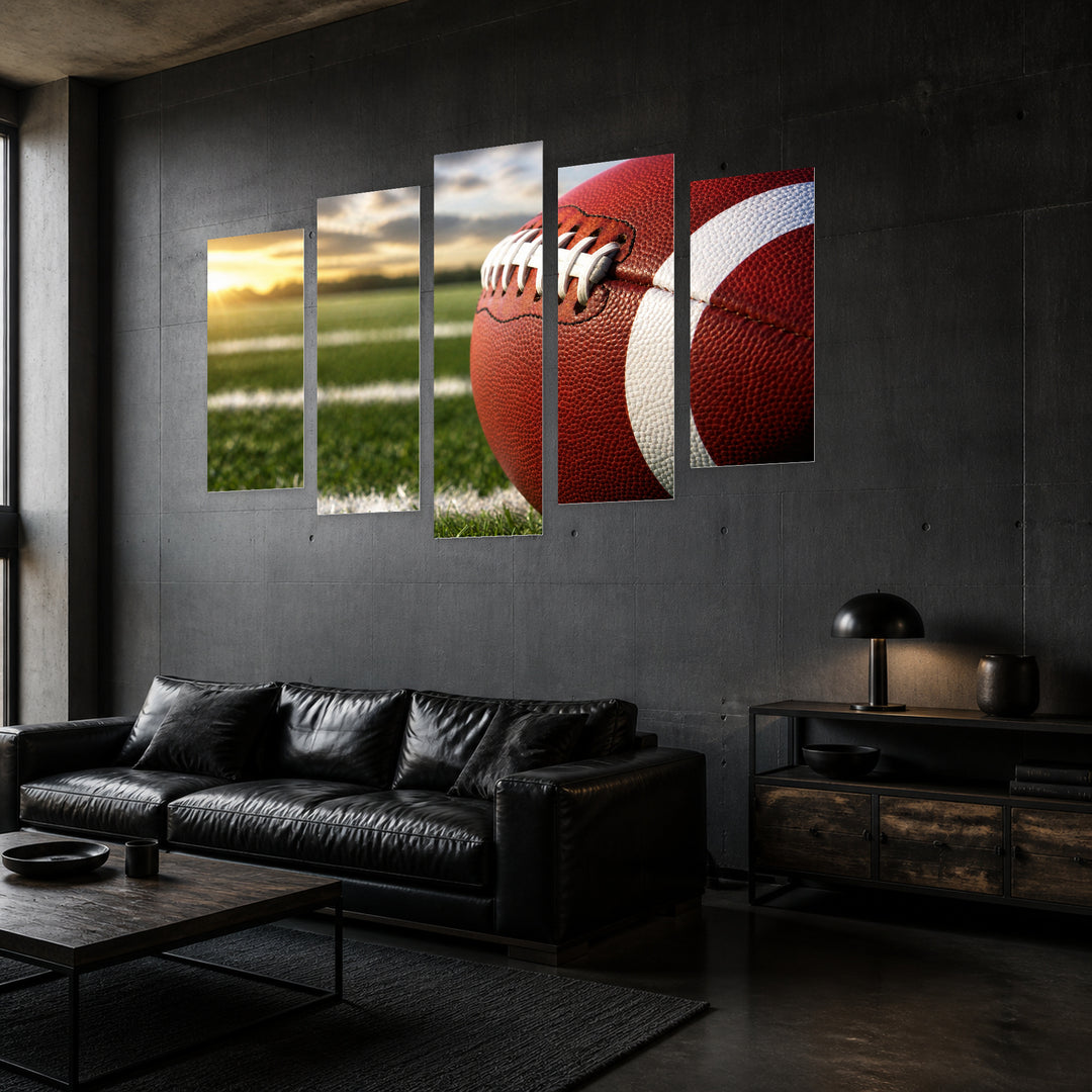 Rugby Ball in Vivid Color — five-panel wall art in perspective interior | 5wallart 55258 M2