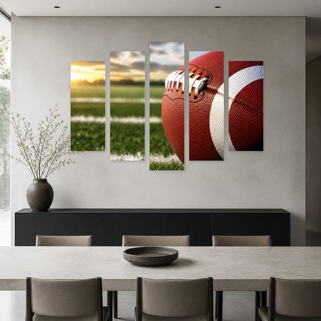 Rugby Ball in Vivid Color — five-panel wall art in frontal interior | 5wallart 55258 M3