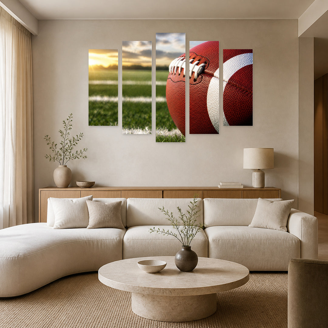 Rugby Ball in Vivid Color — five-panel wall art in alternate frontal interior | 5wallart 55258 M4