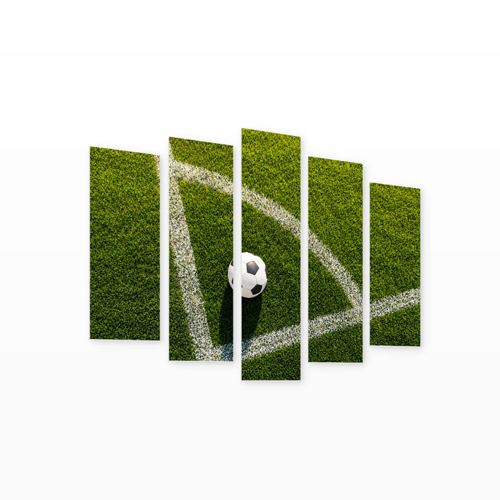 Football on Grass in Serene Light — five-panel wall art on white background in perspective | 5wallart 55259 M1