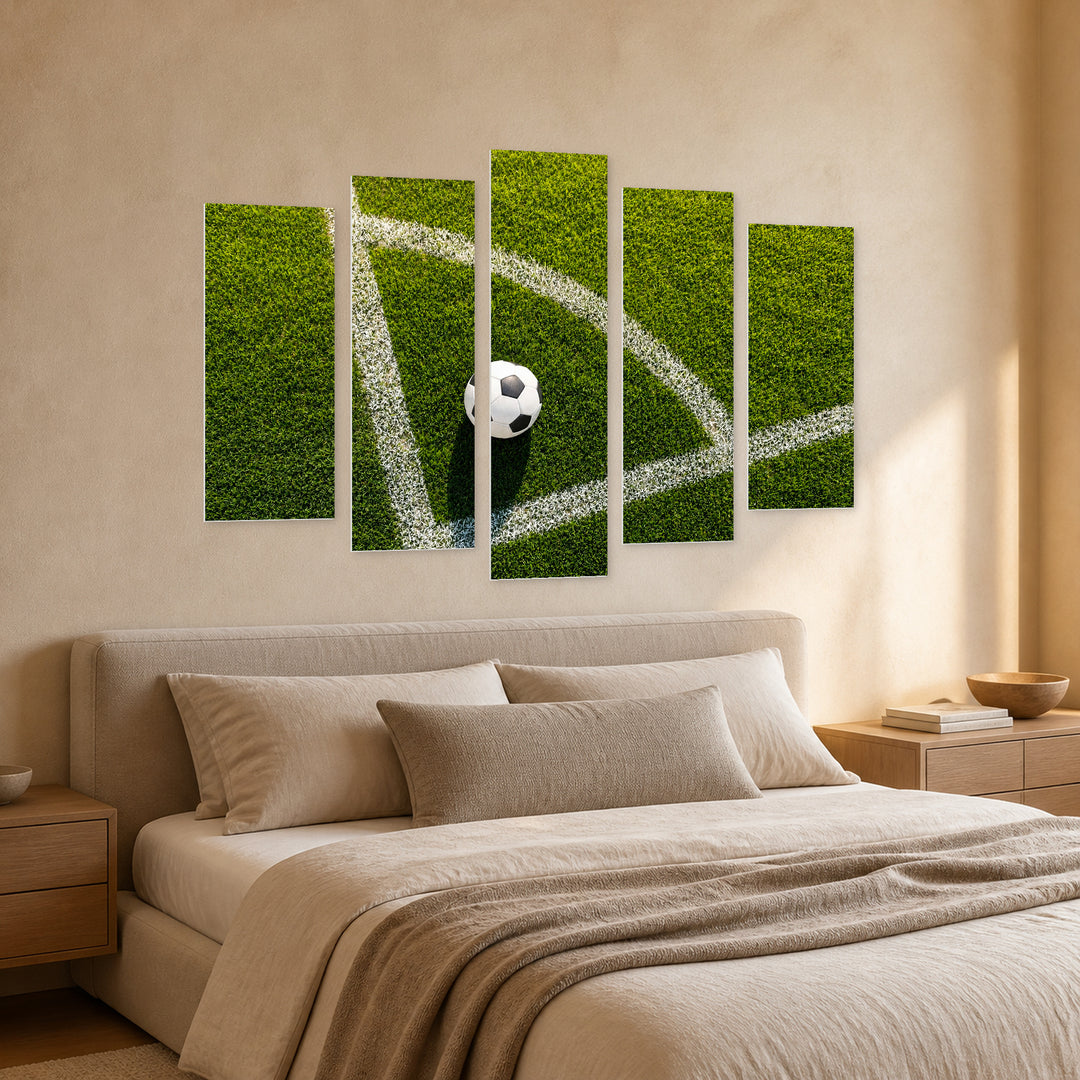Football on Grass in Serene Light — five-panel wall art in perspective interior | 5wallart 55259 M2