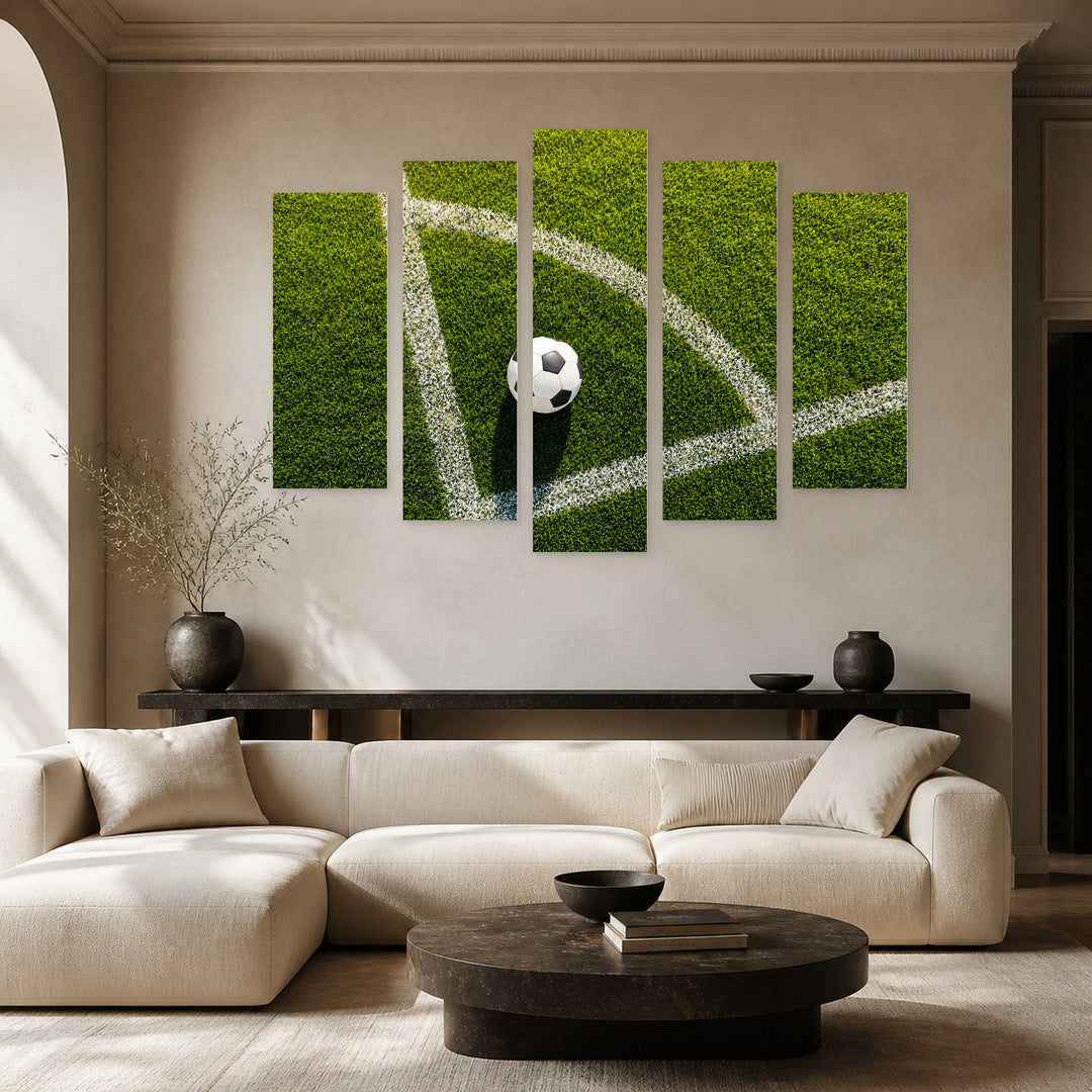 Football on Grass in Serene Light — five-panel wall art in frontal interior | 5wallart 55259 M3