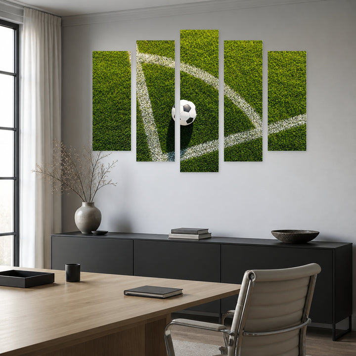 Football on Grass in Serene Light — five-panel wall art in alternate frontal interior | 5wallart 55259 M4
