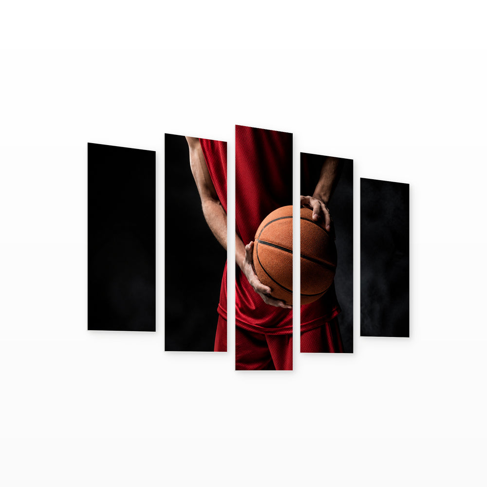 Basketball Player with Ball with Dramatic Contrast — five-panel wall art on white background in perspective | 5wallart 55261 M1