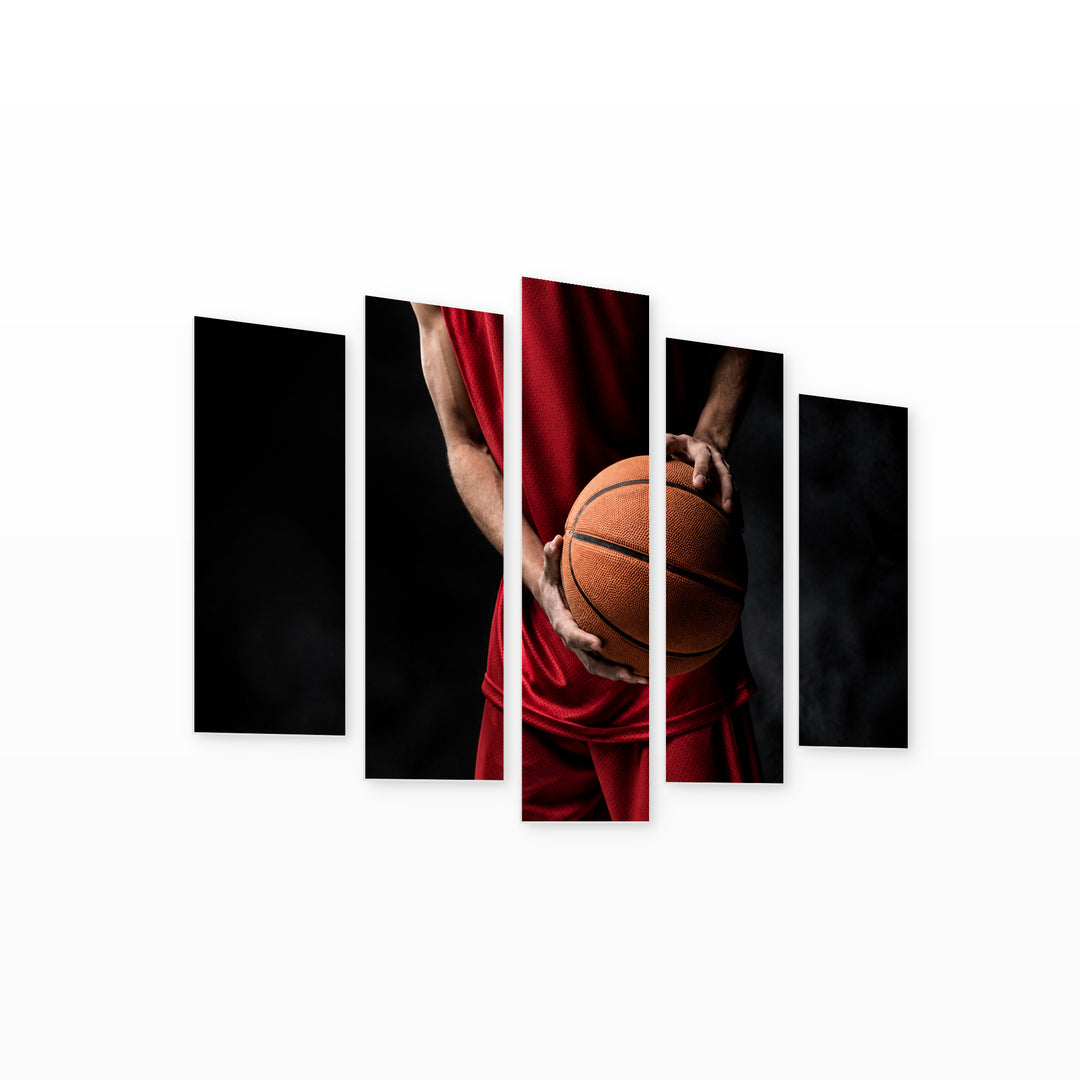 Basketball Player with Ball with Dramatic Contrast — five-panel wall art on white background in perspective | 5wallart 55261 M1