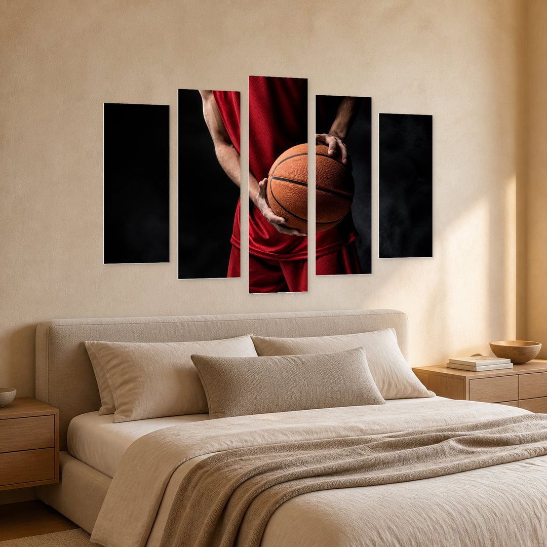 Basketball Player with Ball with Dramatic Contrast — five-panel wall art in perspective interior | 5wallart 55261 M2