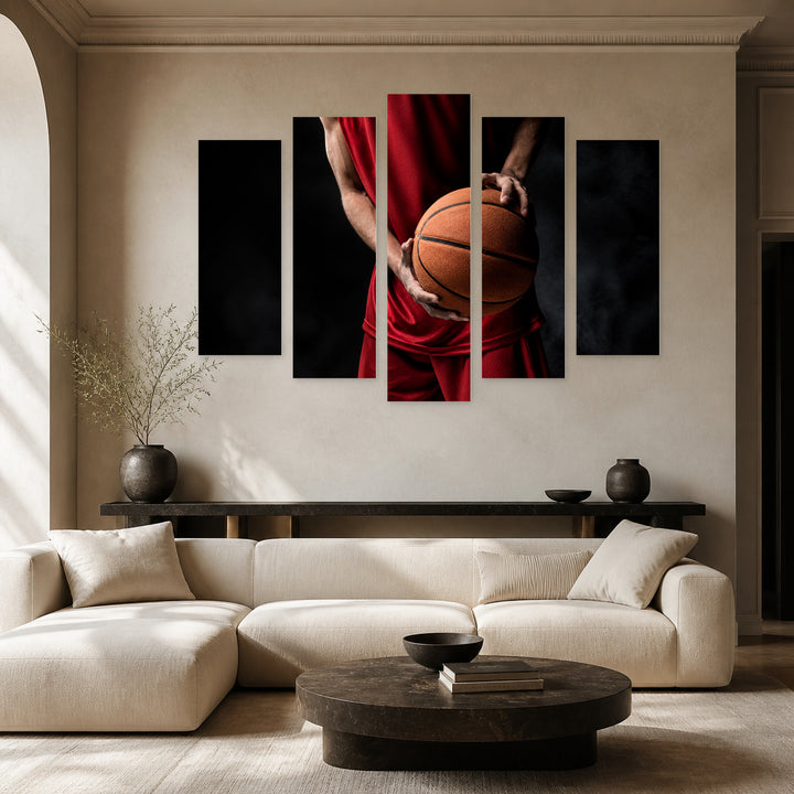 Basketball Player with Ball with Dramatic Contrast — five-panel wall art in frontal interior | 5wallart 55261 M3