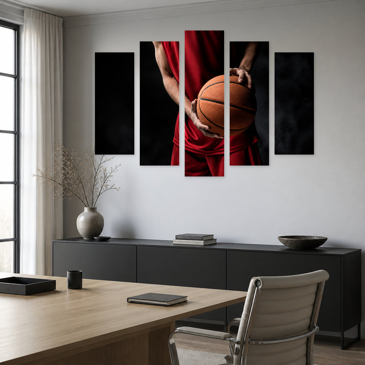 Basketball Player with Ball with Dramatic Contrast — five-panel wall art in alternate frontal interior | 5wallart 55261 M4