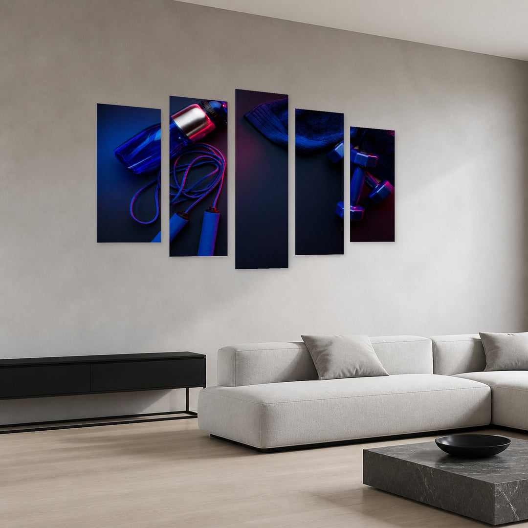 Sports Equipment at Night — five-panel wall art in perspective interior | 5wallart 55262 M2
