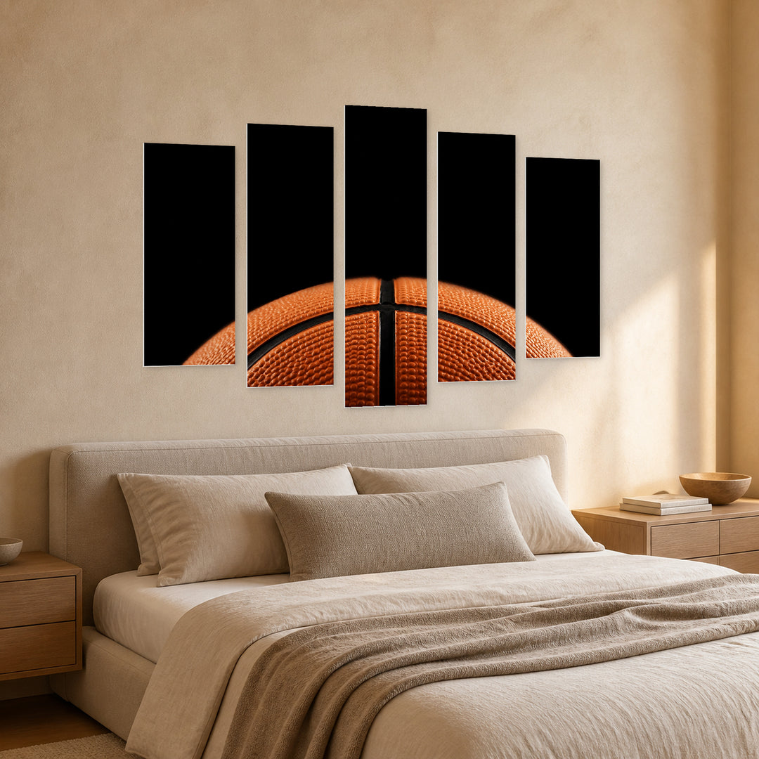Basketball with Dramatic Contrast — five-panel wall art in perspective interior | 5wallart 55263 M2