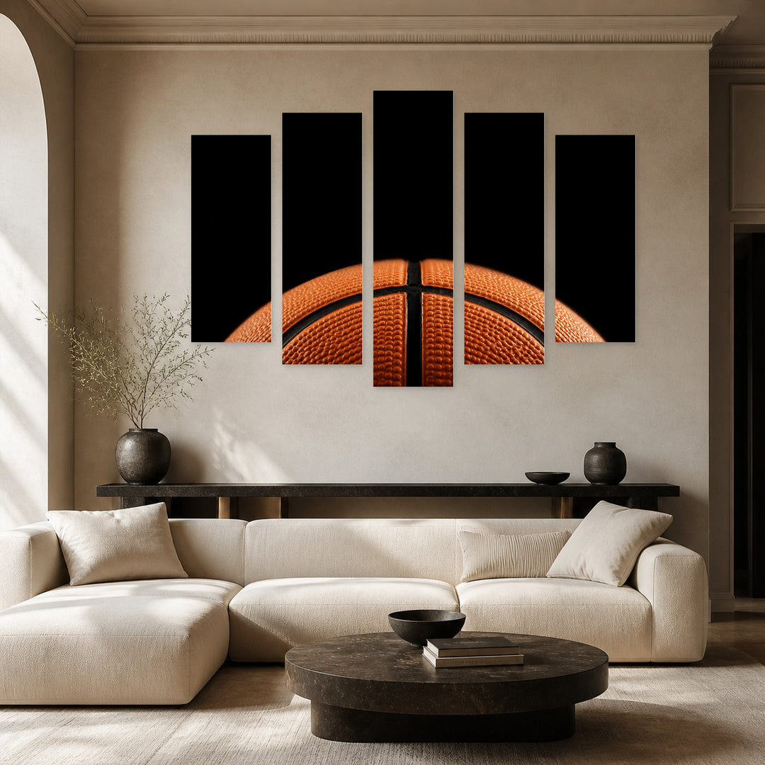 Basketball with Dramatic Contrast — five-panel wall art in frontal interior | 5wallart 55263 M3