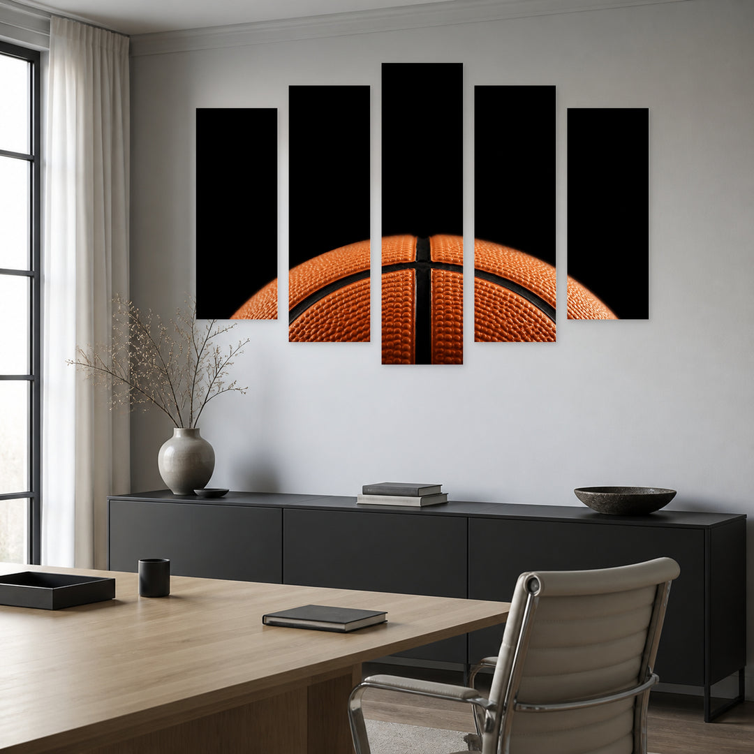 Basketball with Dramatic Contrast — five-panel wall art in alternate frontal interior | 5wallart 55263 M4