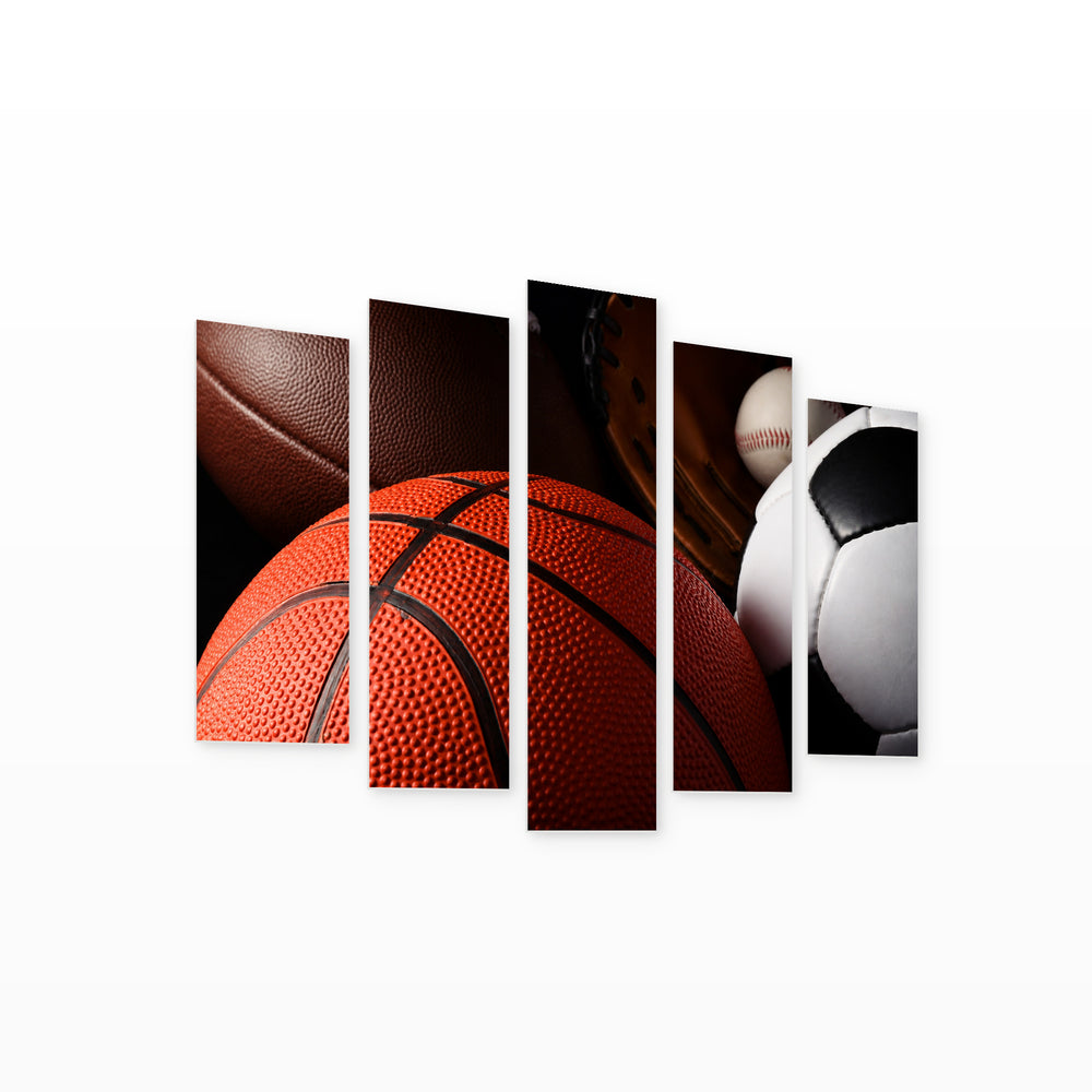Sports Balls at Night — five-panel wall art on white background in perspective | 5wallart 55264 M1