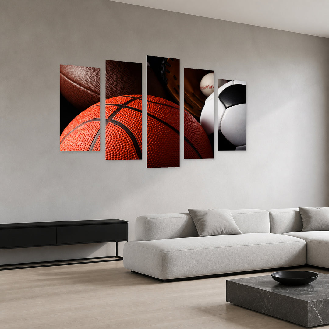 Sports Balls at Night — five-panel wall art in perspective interior | 5wallart 55264 M2