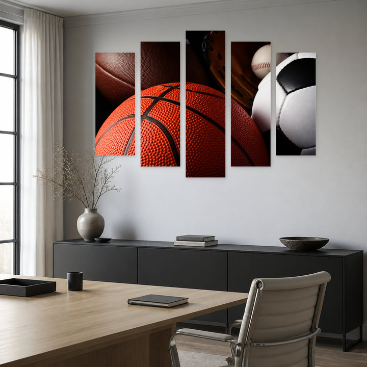Sports Balls at Night — five-panel wall art in frontal interior | 5wallart 55264 M3