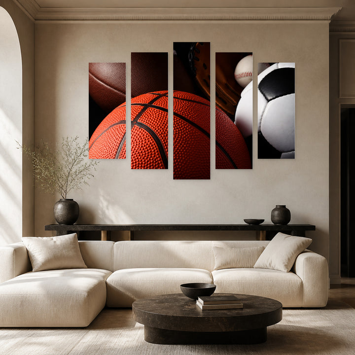 Sports Balls at Night — five-panel wall art in alternate frontal interior | 5wallart 55264 M4