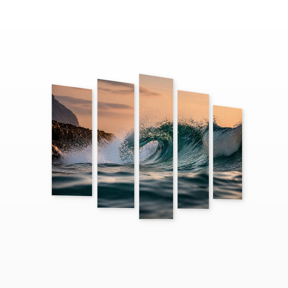 Wave in Serene Light — five-panel wall art on white background in perspective | 5wallart 55265 M1