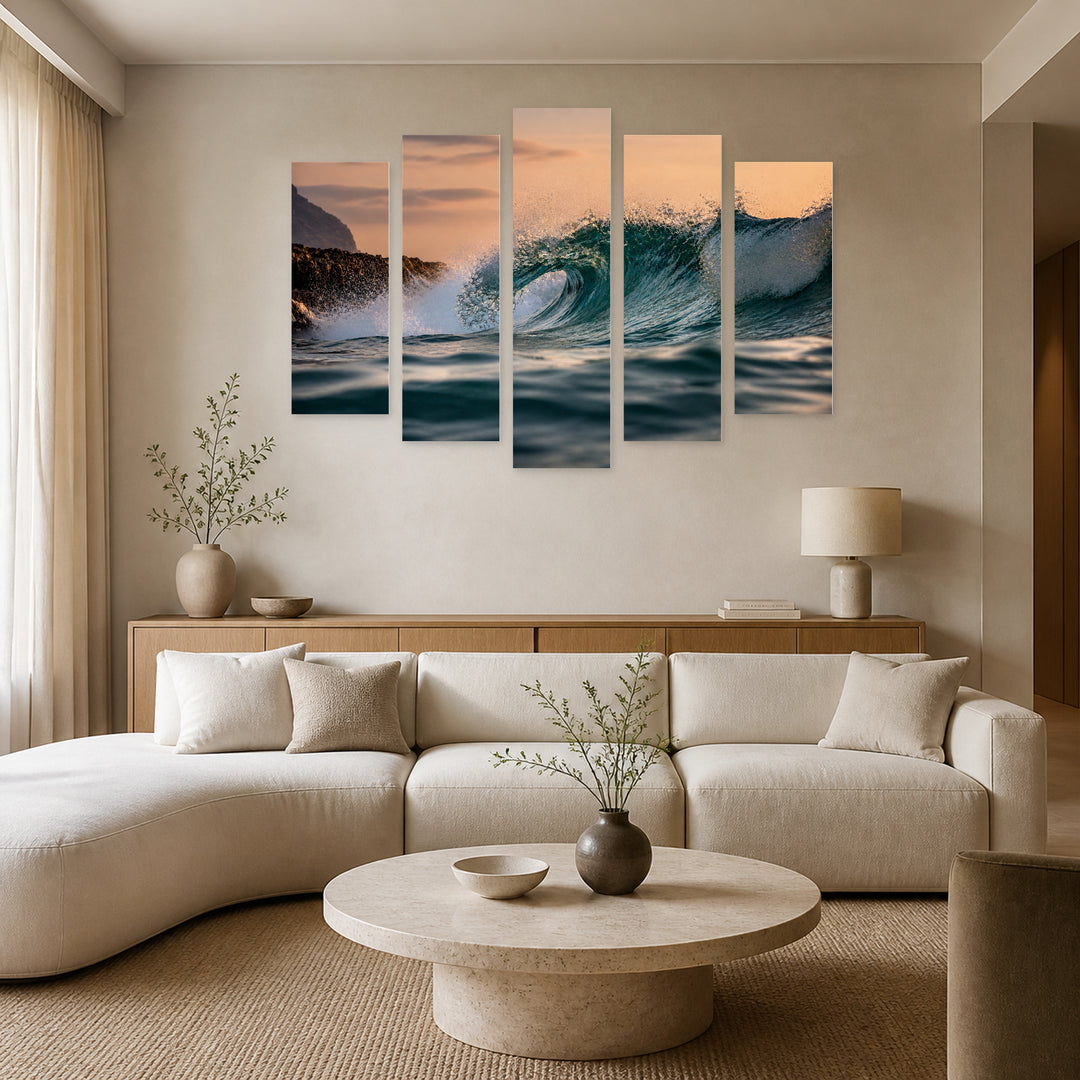 Wave in Serene Light — five-panel wall art in frontal interior | 5wallart 55265 M3