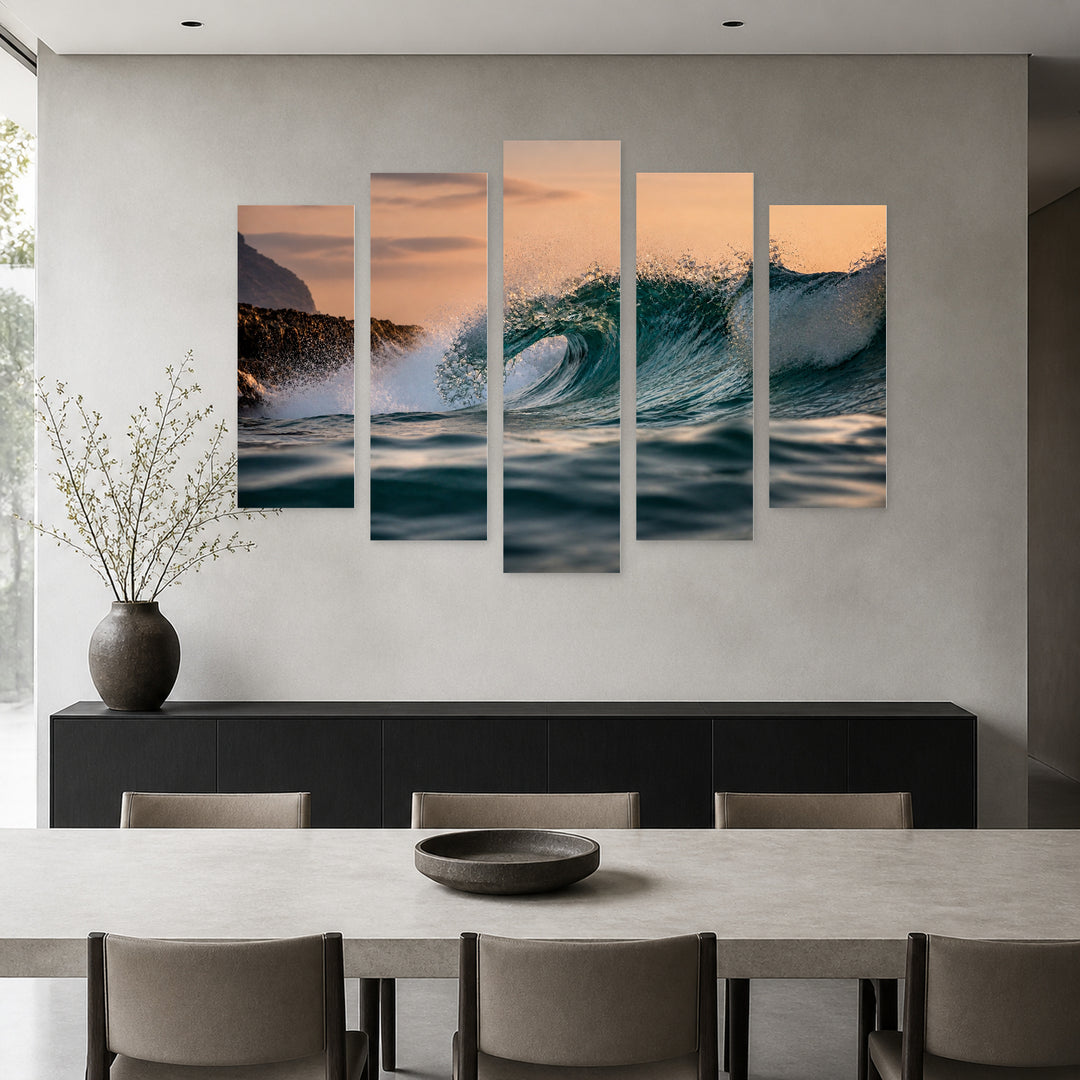 Wave in Serene Light — five-panel wall art in alternate frontal interior | 5wallart 55265 M4