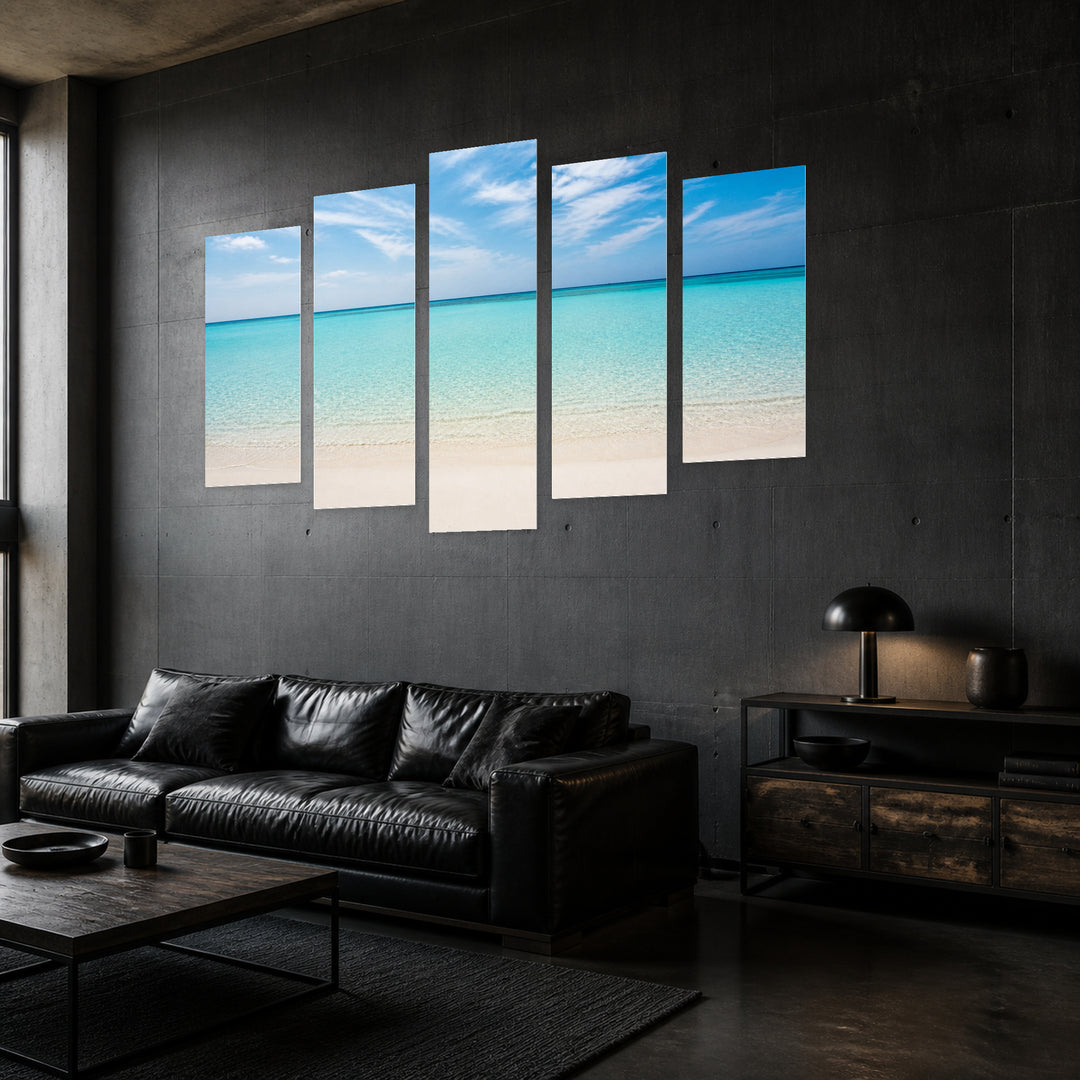 Turquoise Ocean in Serene Light — five-panel wall art in perspective interior | 5wallart 55266 M2