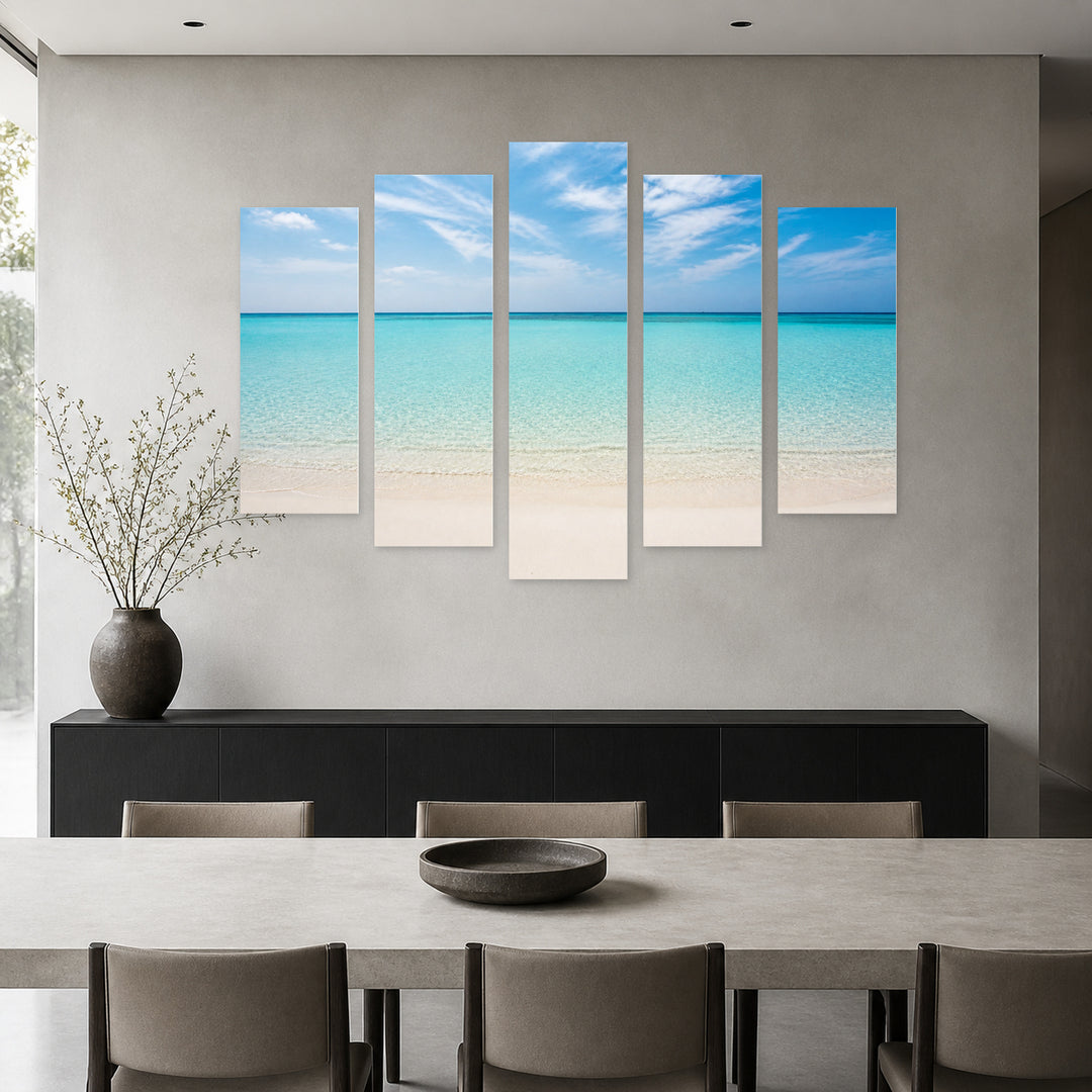 Turquoise Ocean in Serene Light — five-panel wall art in frontal interior | 5wallart 55266 M3