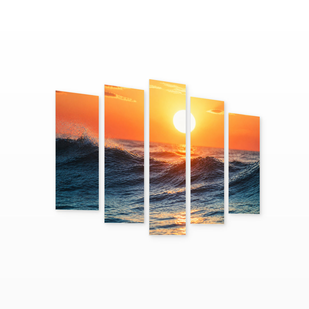 Wave at Sunrise with Geometric Rhythm — five-panel wall art on white background in perspective | 5wallart 55268 M1
