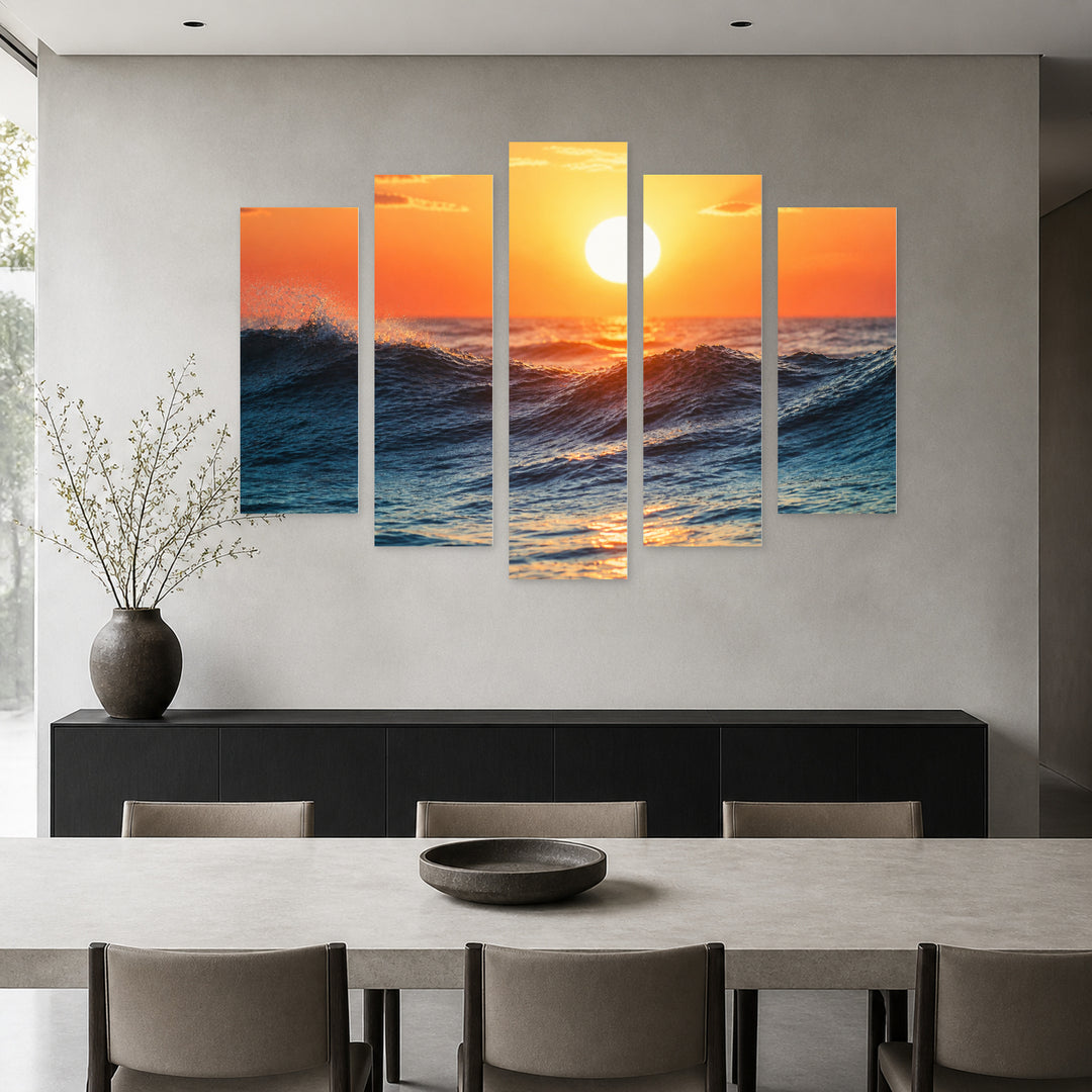 Wave at Sunrise with Geometric Rhythm — five-panel wall art in frontal interior | 5wallart 55268 M3