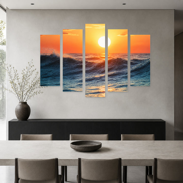Wave at Sunrise with Geometric Rhythm — five-panel wall art in frontal interior | 5wallart 55268 M3