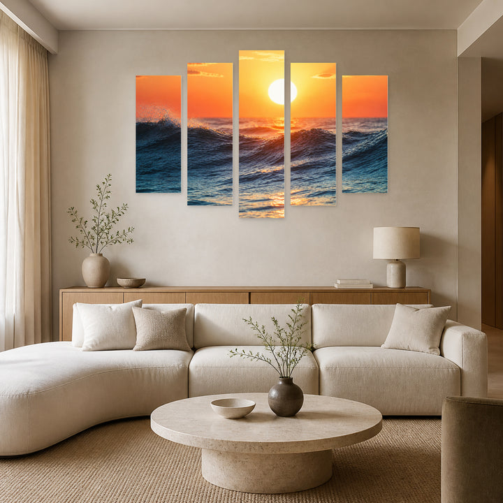 Wave at Sunrise with Geometric Rhythm — five-panel wall art in alternate frontal interior | 5wallart 55268 M4