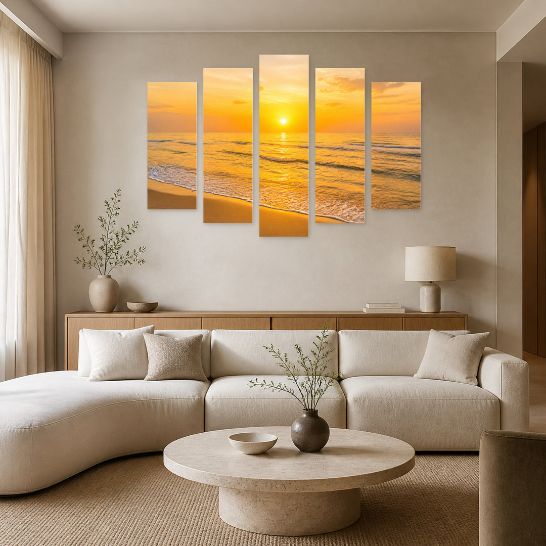 Sea at Sunrise in Serene Light — five-panel wall art in frontal interior | 5wallart 55269 M3