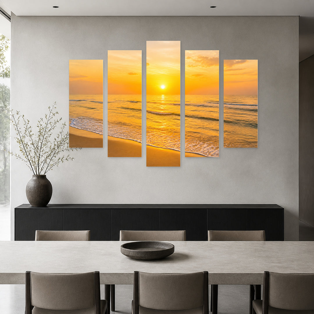 Sea at Sunrise in Serene Light — five-panel wall art in alternate frontal interior | 5wallart 55269 M4